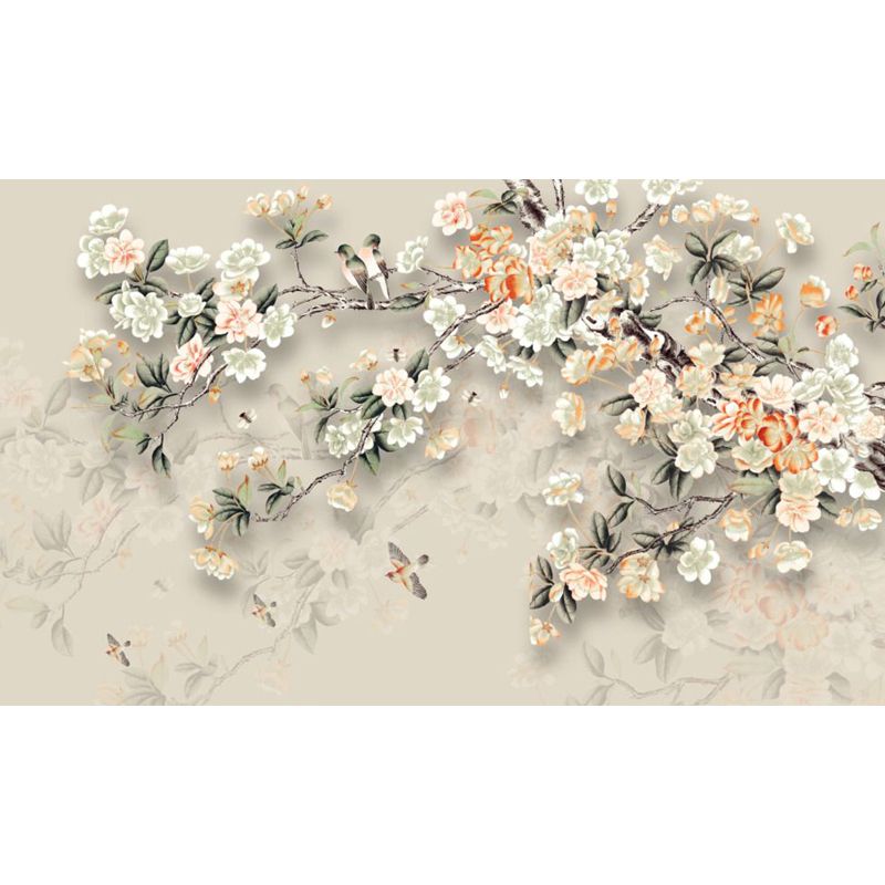 Blossoming Flower Branch Mural Decal Beige Modern Style Wall Art for Girls Bedroom