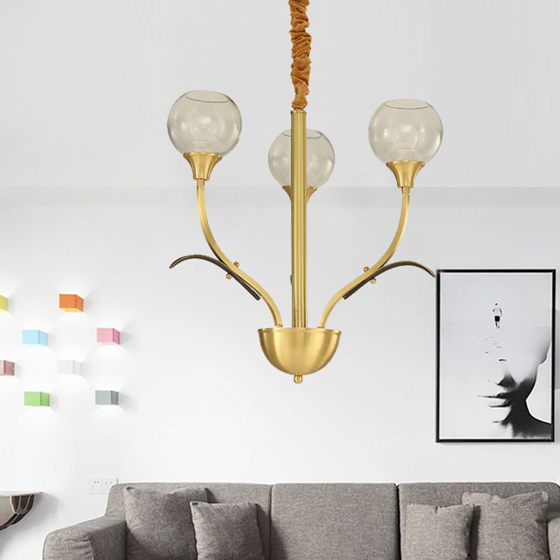Brass Ball Ceiling Chandelier Nordic Clear Glass 3/6 Heads Hanging Light Fixture for Living Room