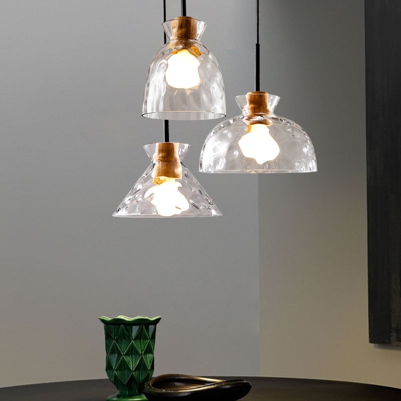 Ripple Glass Black Hanging Lamp in Modern Artistic Style Wooden Geometric Pendant Light