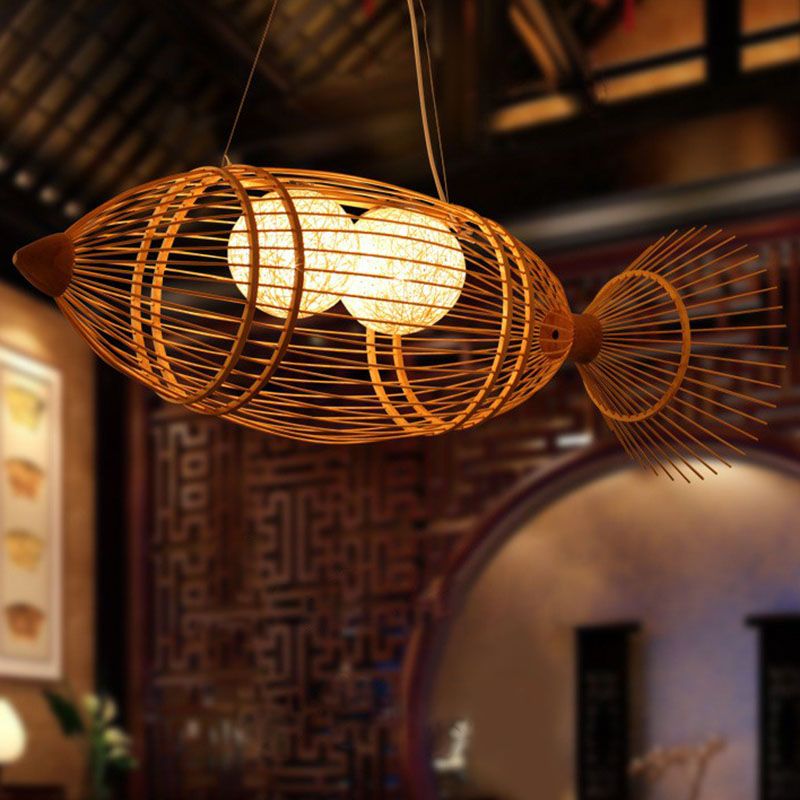 Wood Fish Chandelier Light Simplicity 2 Bulbs Bamboo Pendant Light Fixture for Restaurant