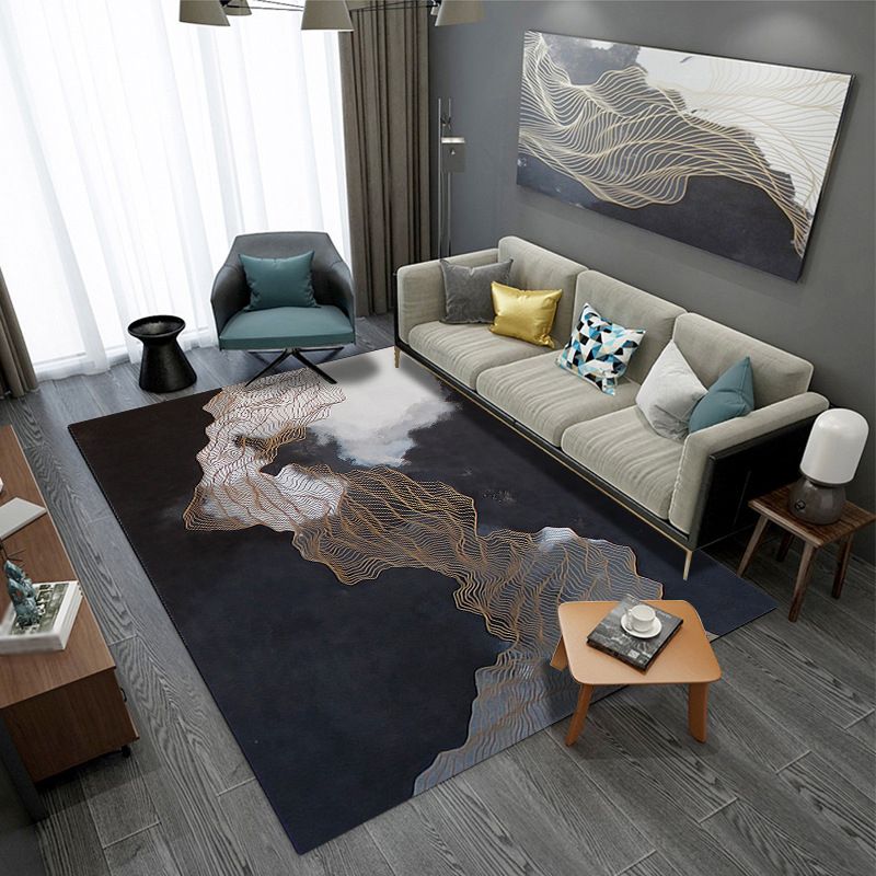 Dark Gray Modern Rug Polyester Abstract Pattern Rug Stain Resistant Rug for Drawing Room