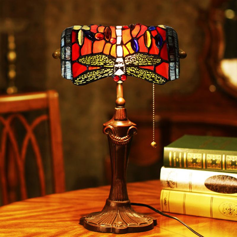 1 Light Banker Desk Lampada Mediterranea Dragonfly Taglia a mano Copriata Accensione del tavolo a catena in rosso