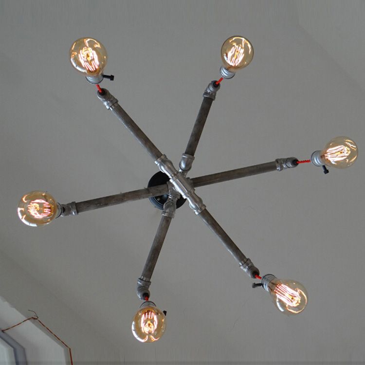 Lámpara de lámpara de lámpara de tubería de plata/bronce envejecida con bombilla expuesta de hierro rústico de 6/8 cabezas de colgación de interior