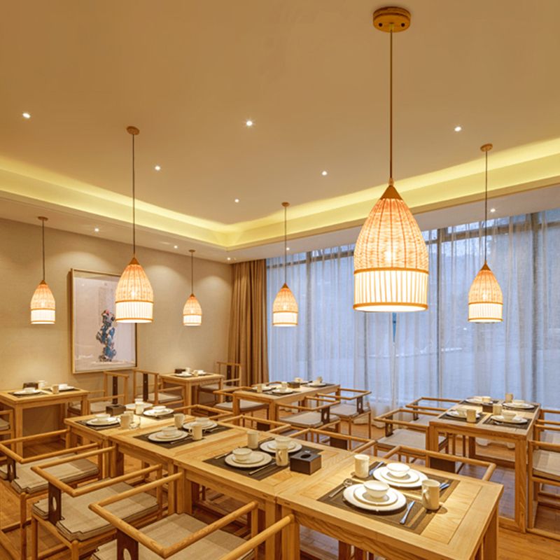 1 Light Dining Room Pendant Lamp Asia Beige Ceiling Light with Elongated Bamboo Shade