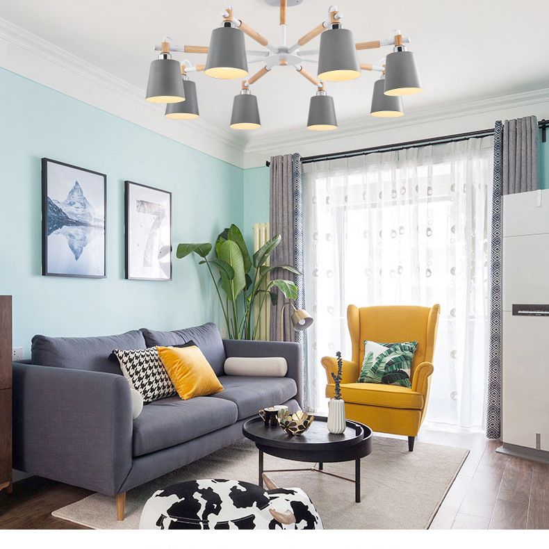 Multi-colored Optional Solid Wood Chandelier Simplicity Modern Living Room Lighting Fixture Lamp with Downward Metal Shade