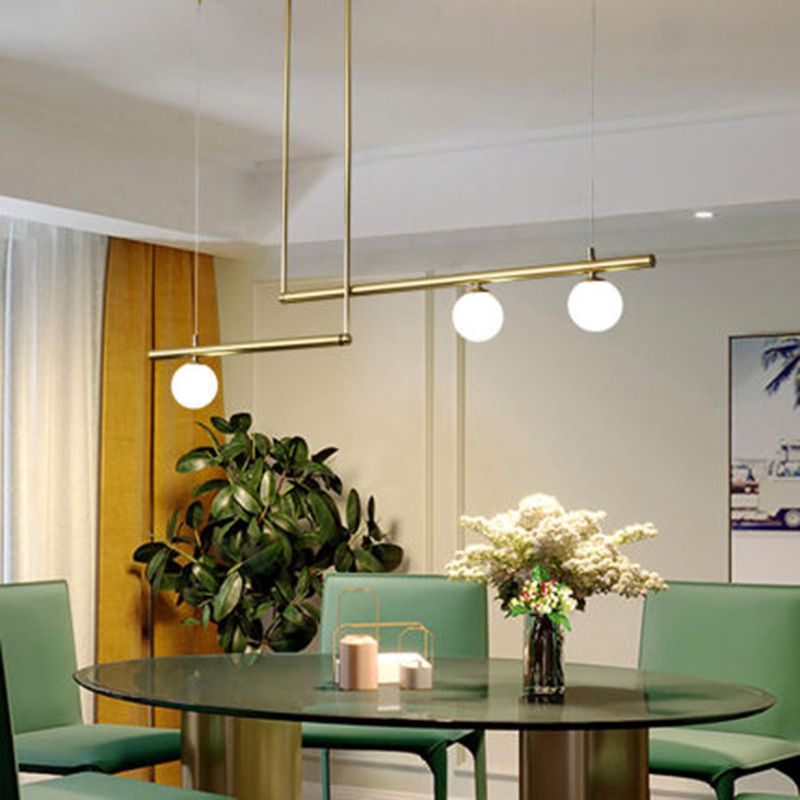 Right Angled Bar Hanging Light Kit Metal 1/2-Light Minimalist Pendant Lamp in Gold with Ball Opal Glass Shade