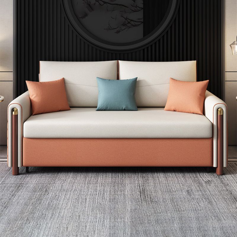 Contemporary Square Arm Faux Leather Stain Resistant Couch Bed with 2 Pillows