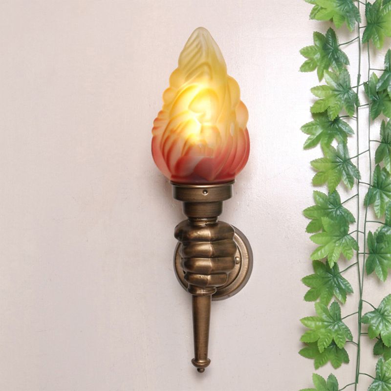 Torch Wall Mount Light Rustic Glass Shade 1 Light Sconce Lighting in Bronze for Foyer