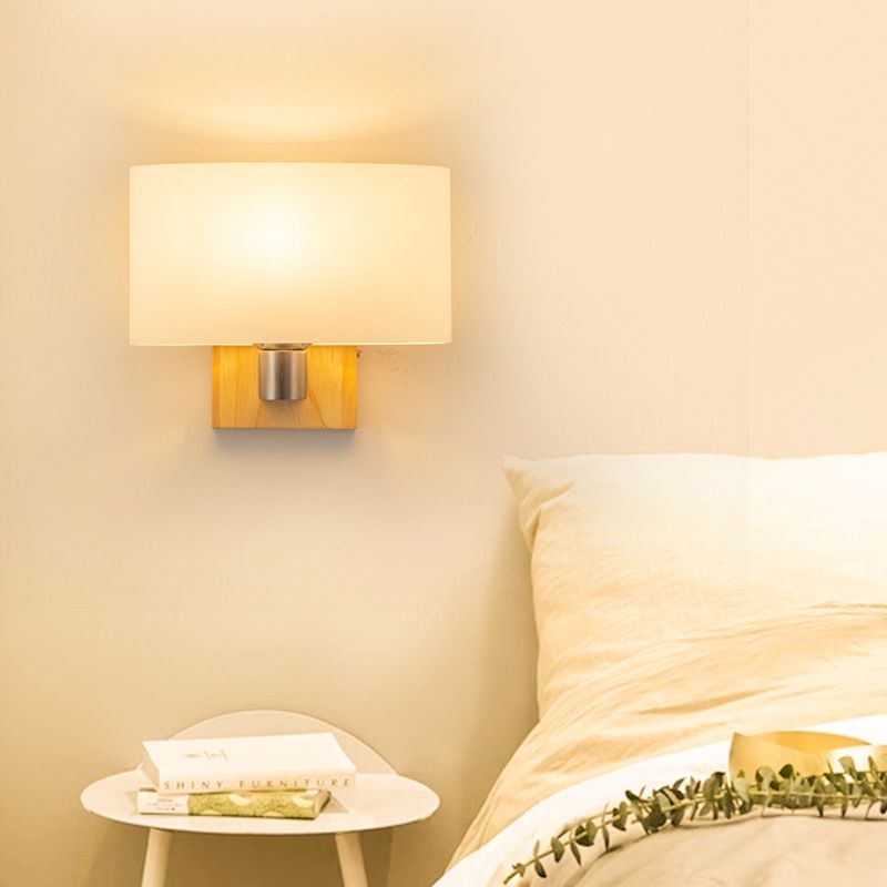Rectangular Glass Shade Bedroom Wall Lamp Nordic Simplicity Single Bulb Sconce Light with Solid Wooden Base