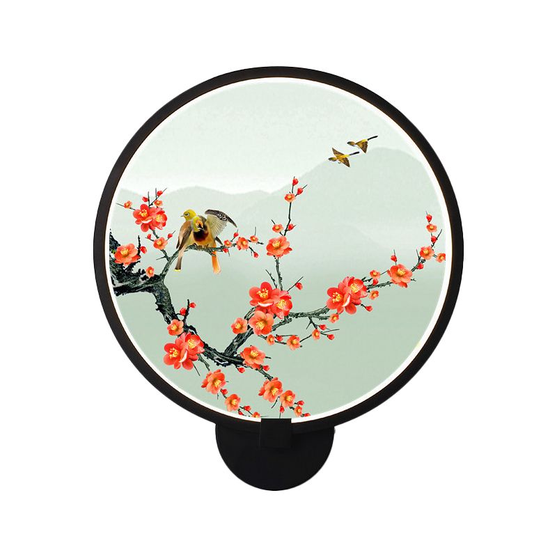 Circular Natural View Wall Lamp Chinese Metal LED Black Wall Mural Light for Bedroom