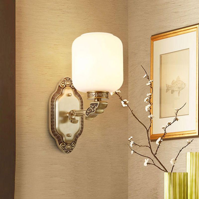 White Glass Brass Wall Sconce Cylinder 1-Light Farmhouse Wall Mounted Lamp for Drawing Room