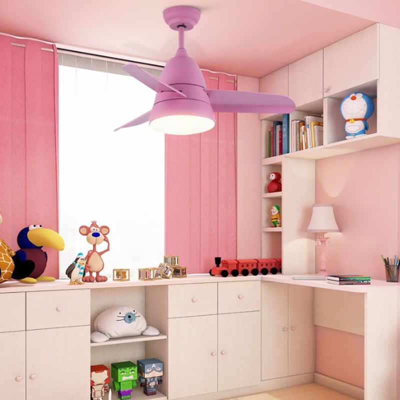 Lámpara de ventilador de techo de círculo de metal niños 1 claro negro/blanco/rosa 3 cuchillas Luz de semi descarga para sala de estar, 36 "de ancho