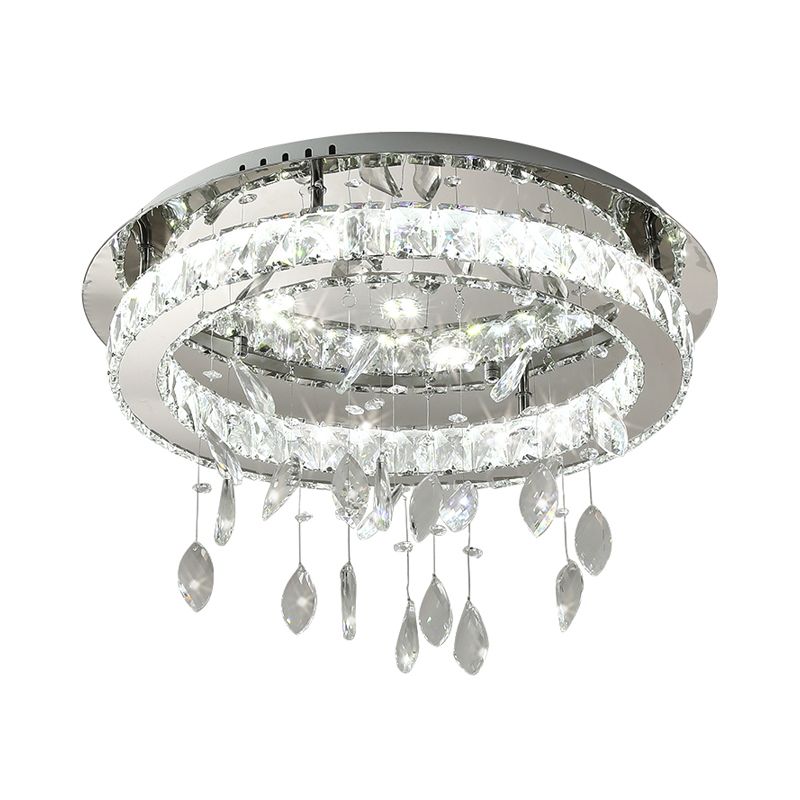 LED Ring Semi Flush Contemporary Stainless-Steel Clear Rectangular-Cut Crystals Ceiling Mount with Leaf Droplet