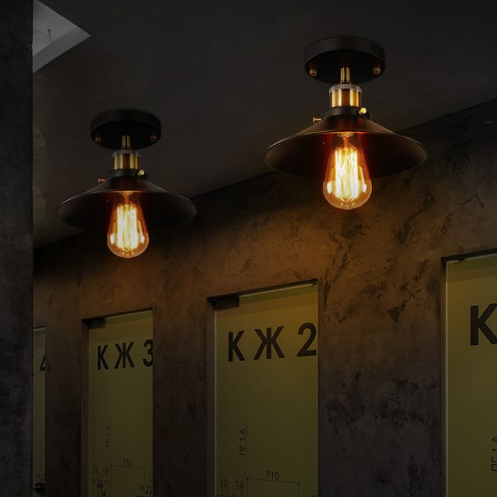 Semi Flush Anhänger leichter Vintage Style Hall Halbflush Mount Light mit Kegelmetallschatten in Schwarz