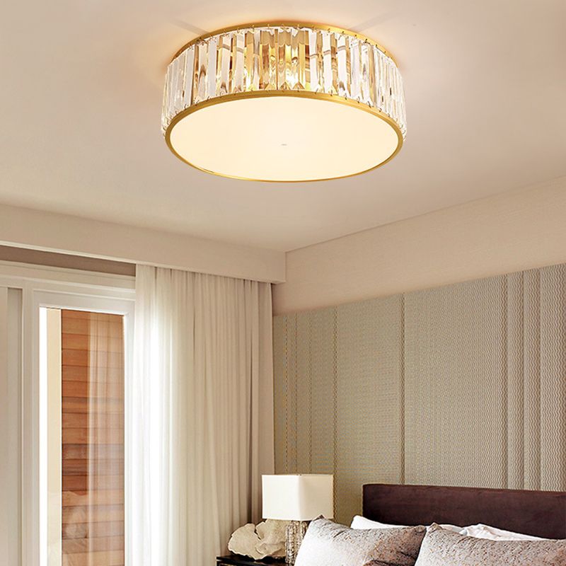 Drum Shade Flush Mount Gold Ceiling Light Fixture with Crystal for Bedroom