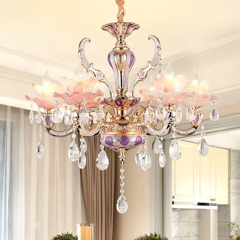 Rosa Rüschen florale Kronleuchter Licht Retro undurchsichtiges Glas Wohnzimmer Anhänger Licht mit hängenden Kristall