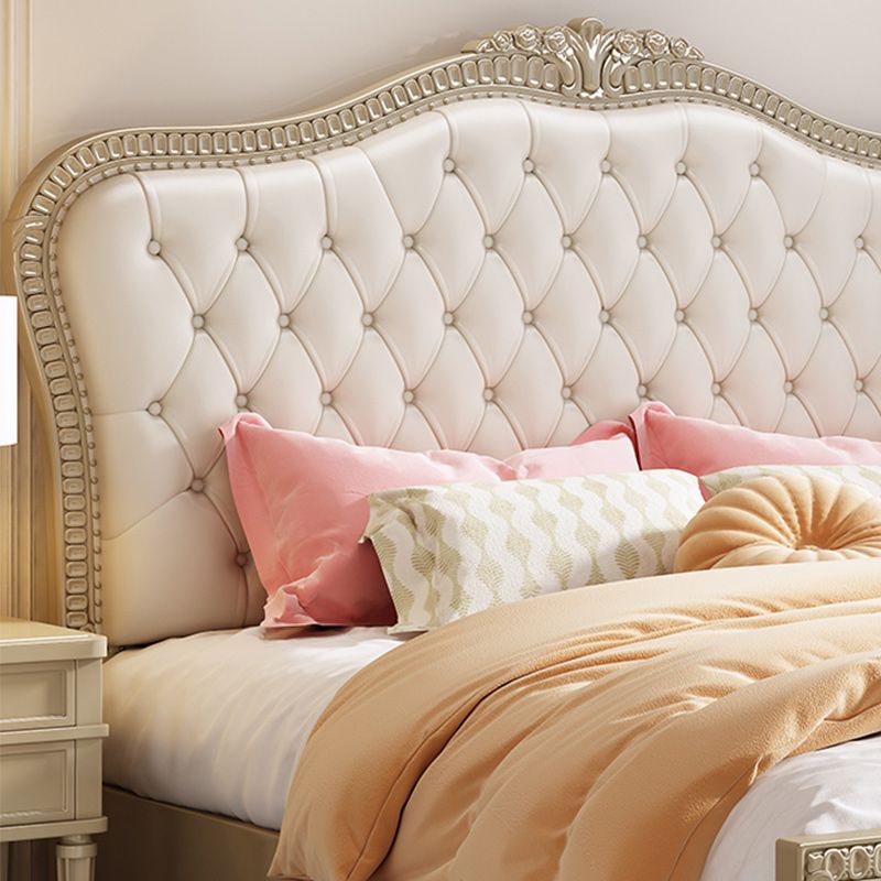 Queen Size Victorian Wood Bed Frame Tufted Upholstered Standard Bed in Beige