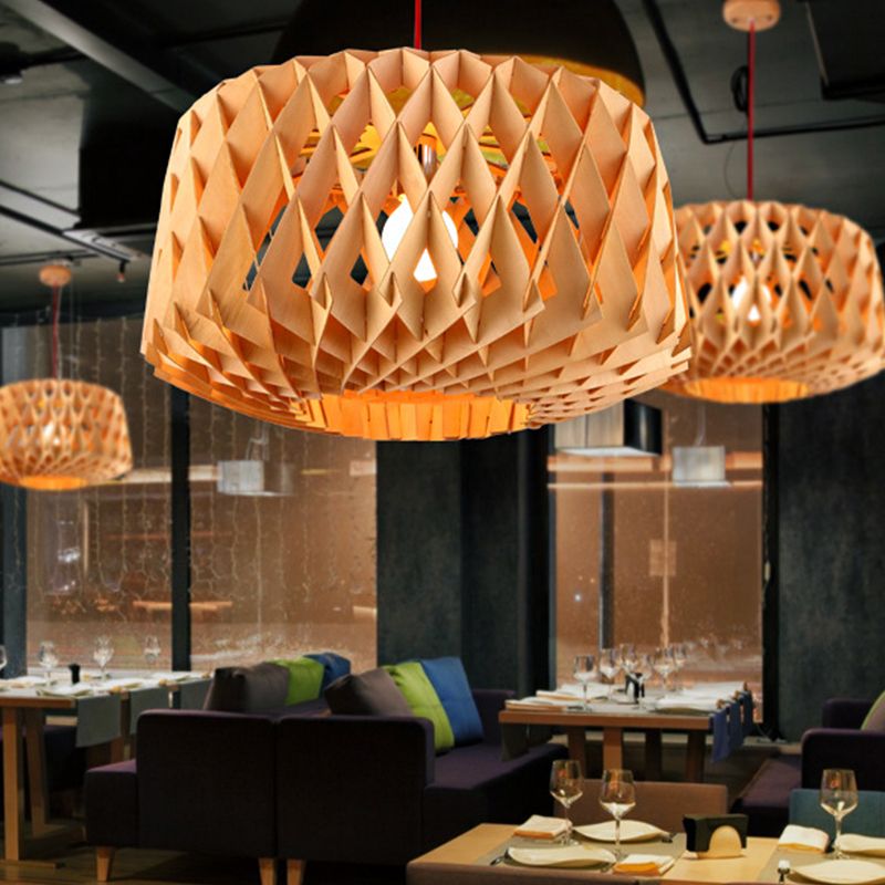 Cross-Weaving Wood Drum Pendant Lamp Contemporary 1 Head Beige Suspended Lighting Fixture