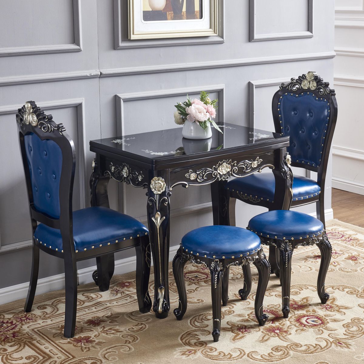 Glam Foldable Rectangle Dining Table Glass Tabletop with Wood Legs