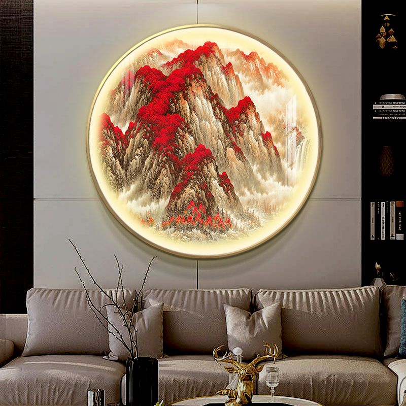 Red Circular Mountain Patterned Wall Lamp Oriental Style LED Metallic Mural Light for Guest Room