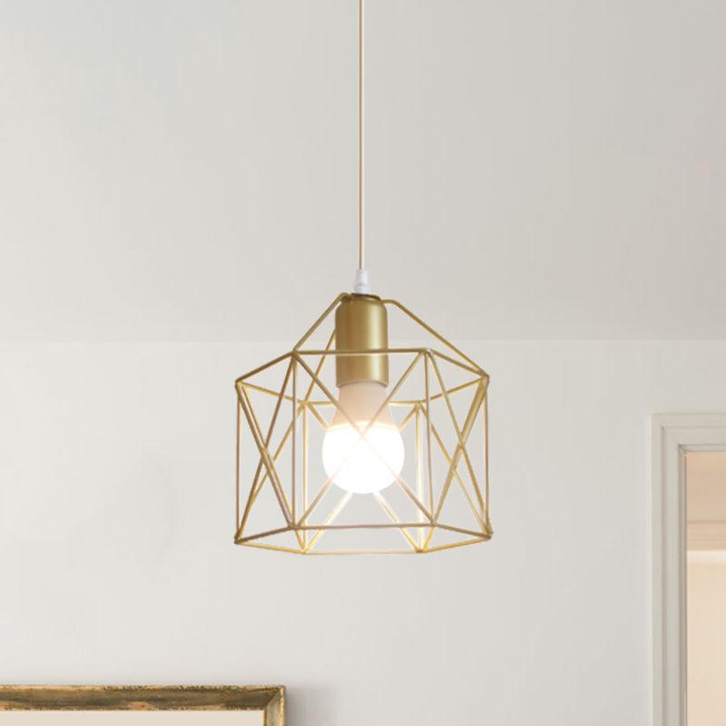 1 Bulb Metal Pendant Light Loft Style Gold Finish Globe/Hexagon Cage Shade Dining Room Hanging Lamp