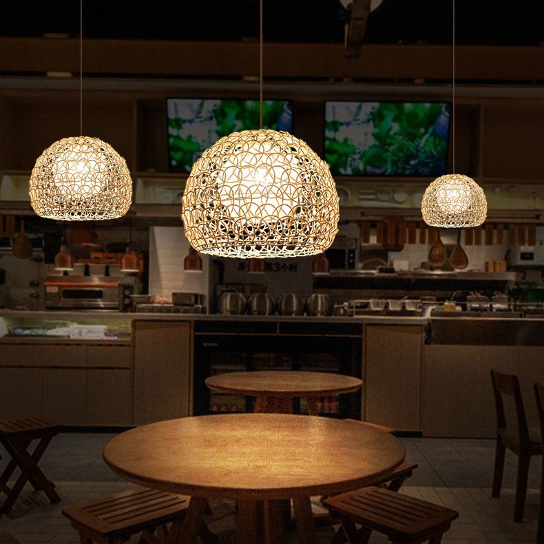 Doppeler Rattan Schatten Kuppel hängende helle asiatische Style Handwebende 1-Licht-Anhänger mit 39,3 "verstellbarer Draht