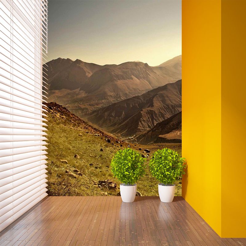 Non-Woven Stain Resistant Mural Modern Herd of Sheep in the Mountains Wall Art in Brown