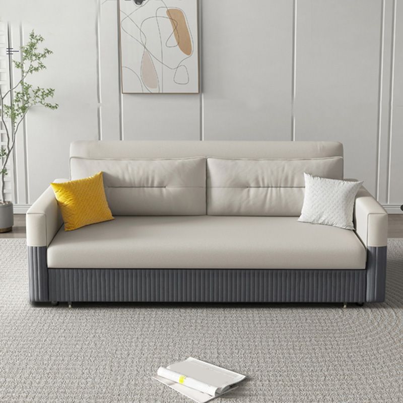 Grey and White Convertible Leather Sofa Square Arm Sofa Bed with Wooden Frame