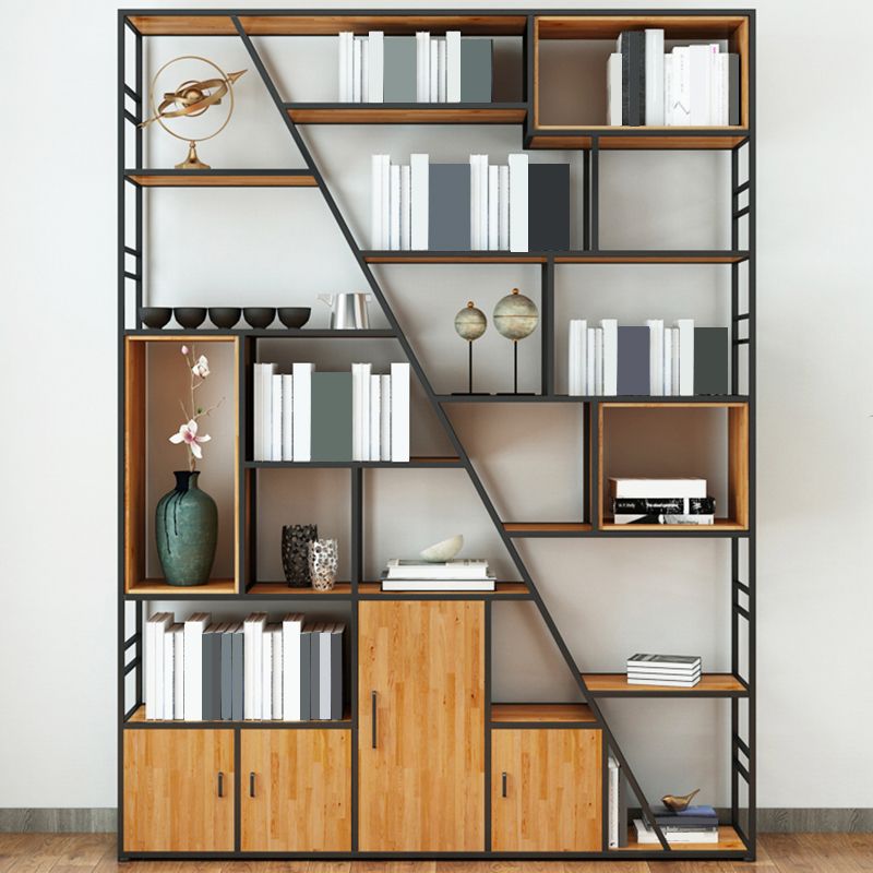 Metal and Wooden Shelf Bookcase with Doors Modern Bookshelf for Office