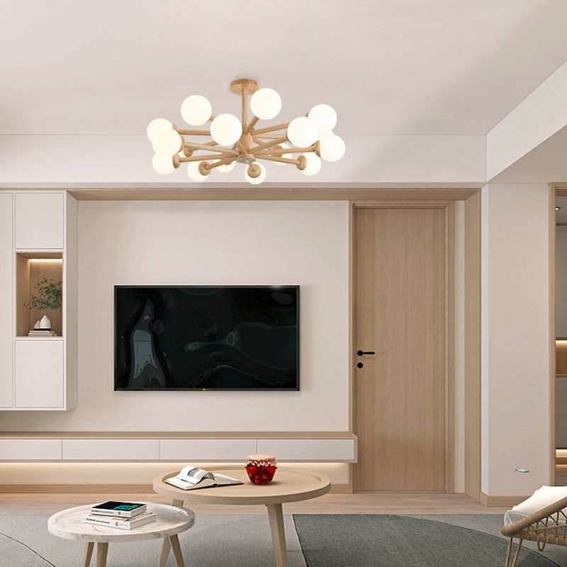 Wood Chandelier Nordic Style Pendant Lamp with White Glass Shade for Living Room