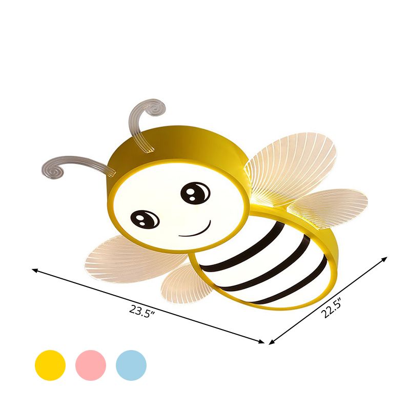 Bee Flush Mount Fixture Kids Plastic Pink/Yellow/Blue LED Close to Ceiling Lamp for Children Bedroom