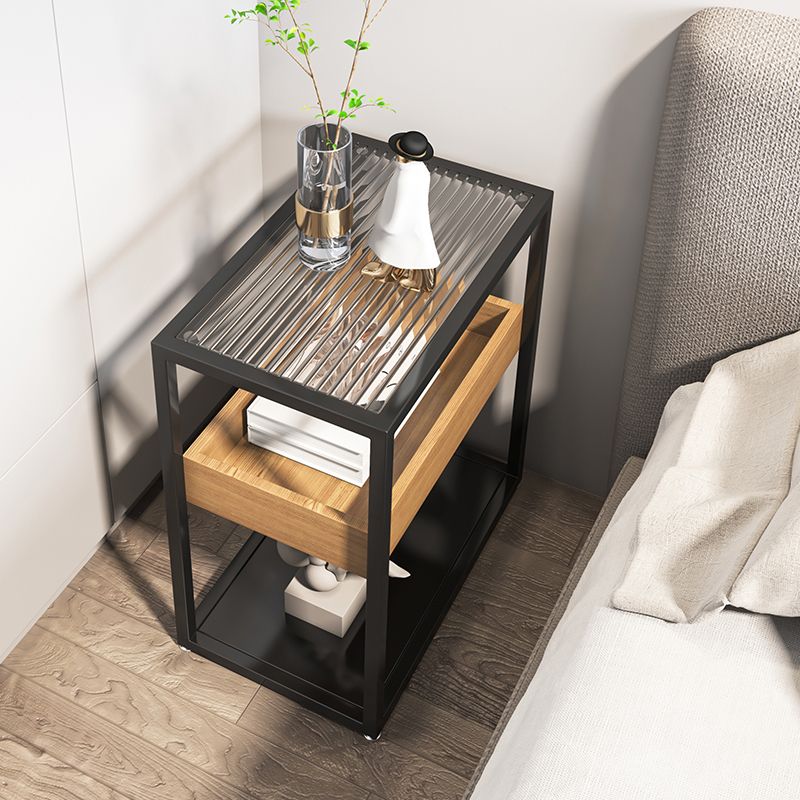 Modern Rectangular Glass Side Table Metal Frame Table with Storage