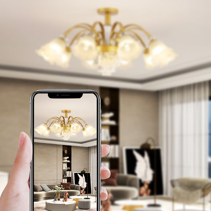 Éclairage de plafond multi-tampon traditionnel à lampe métallique avec une teinte en verre de fleur