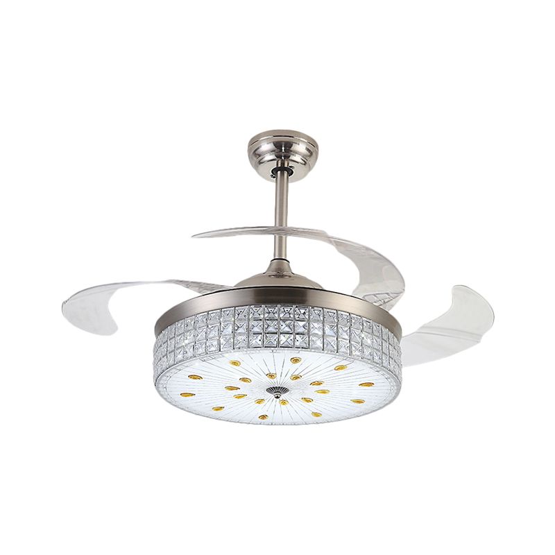 Tambor de vidrio de vidrio esmerilado Modernista Modernista de 19 "W LED Ventilador de colgantes LED con cristal deco en cromo, 4 cuchillas