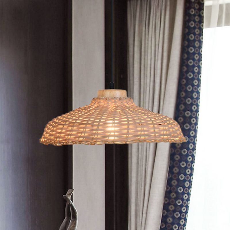 Beige/Black Barn Shade Pendant Lamp Asian Style 1 Light Rattan Height Adjustable Hanging Ceiling Light, 12.5"/18" W