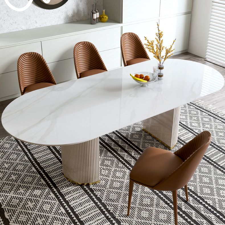 Luxury White Tone Dining Table Sintered Stone Table with Double Pedestal