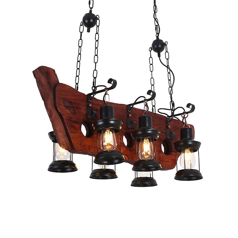 2/6/8 LUMIÈRES LANTERIE PENDANT Ferme de lampe brune îlot en verre transparent avec cercle / trapézoïde / bras en bois sillonnant