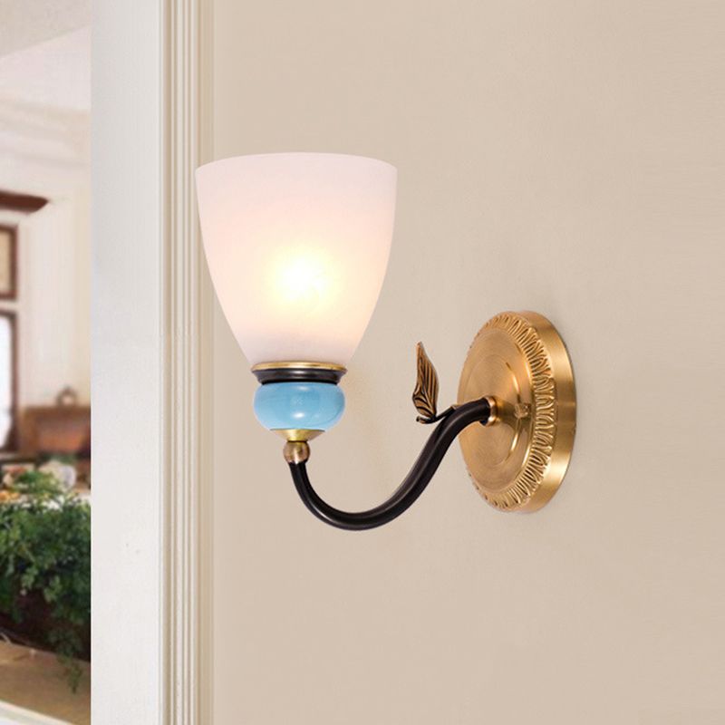 1 Bulb White Glass Wall Lamp Traditional Black and Gold Cone Corner Up Wall Light Fixture