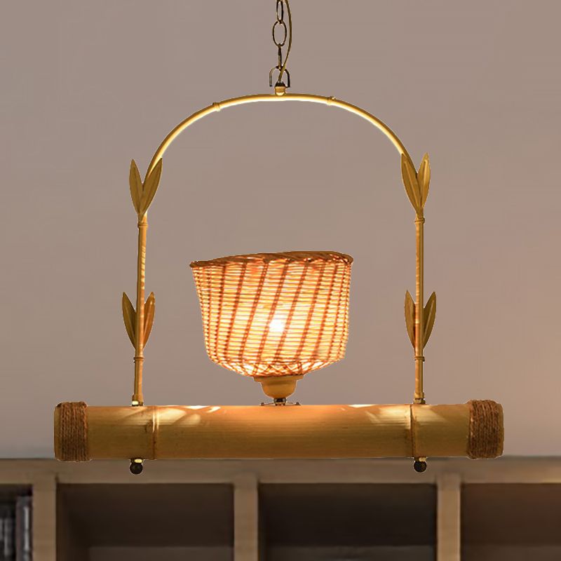Rattan Basket Shade Chandelier Light Country Style 1/2-Light Beige Ceiling Lamp with Bird Cage Design