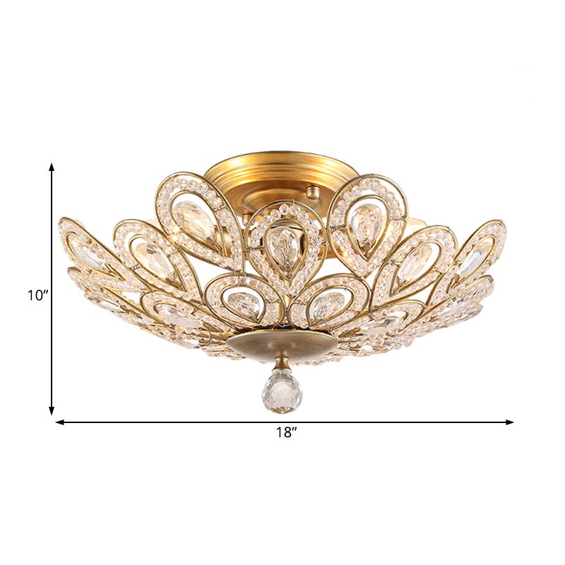 Gold Metal y Crystal Tazón Semi Flush Montada Luz de techo de dormitorio tradicional 3 luces
