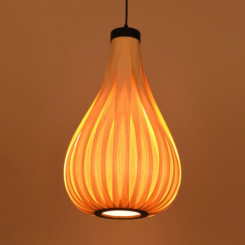 Brown/White Water Drop Pendant Light Asian Style Wooden Single Head Hanging Lamp over Dining Table