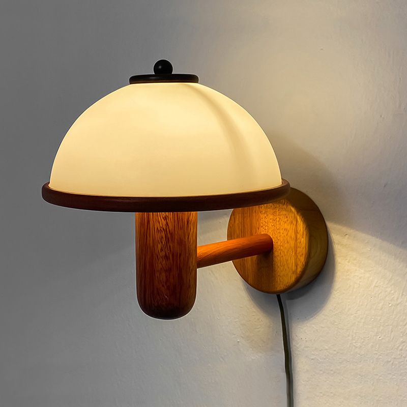 Modern Wood Wall Sconce Mushroom Shape Wall Light with Metal Shade for Living Room