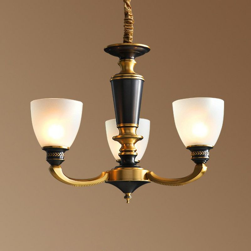 Black-Bronze Hanging Ceiling Light Traditional Frosted Glass Bell Chandelier for Living Room