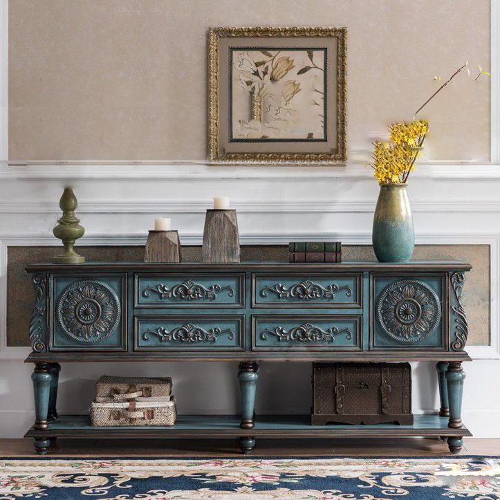 Mid-Century Modern 2-Door Accent Cabinet 33" Tall Distressed Wood Chest with Drawers