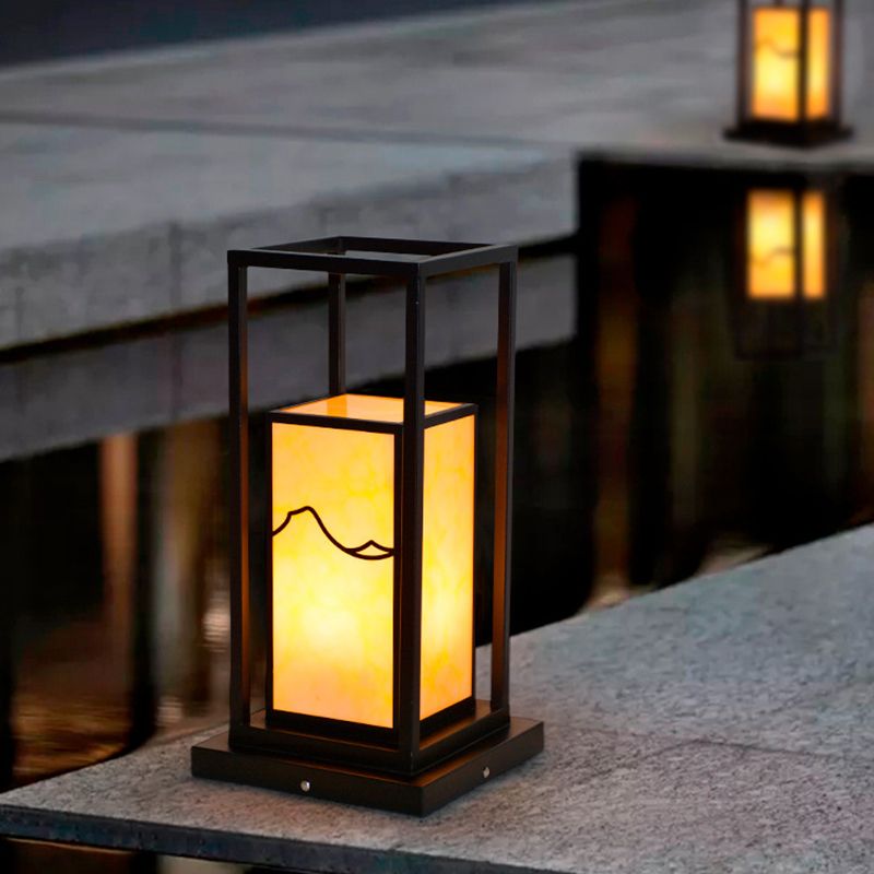 Modern Metal Pillar Lamp Rectangle Shape Outdoor Waterproof Light in Black