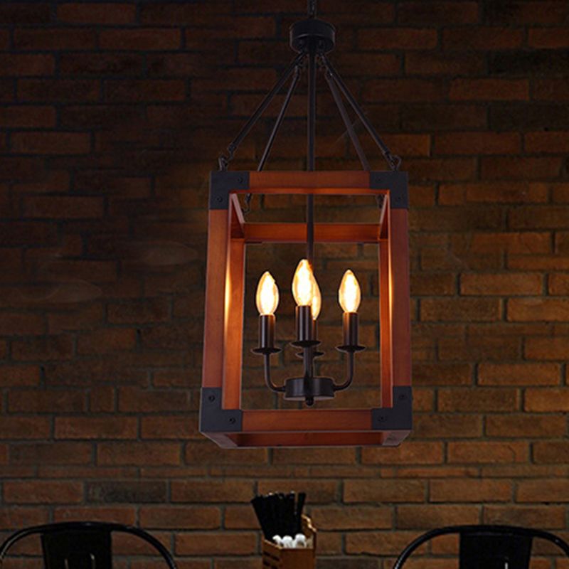 Metal Square Frame Pendant Lighting Fixture Traditional 4 Lights Restaurant Ceiling Chandelier in Dark Wood
