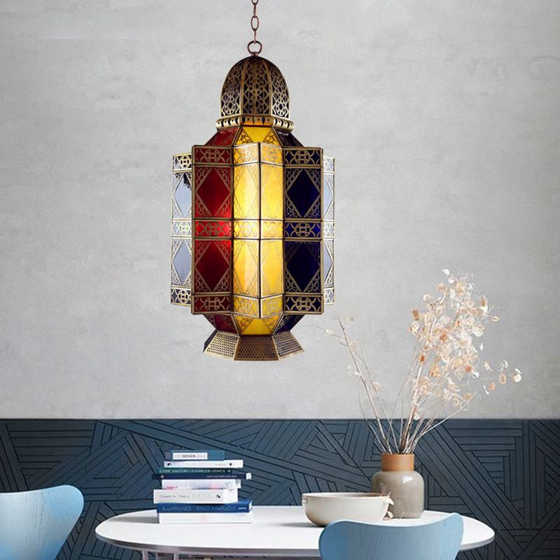 Colored Glass Brass Chandelier Lantern 3 Heads Arabian Hanging Pendant Light for Corridor