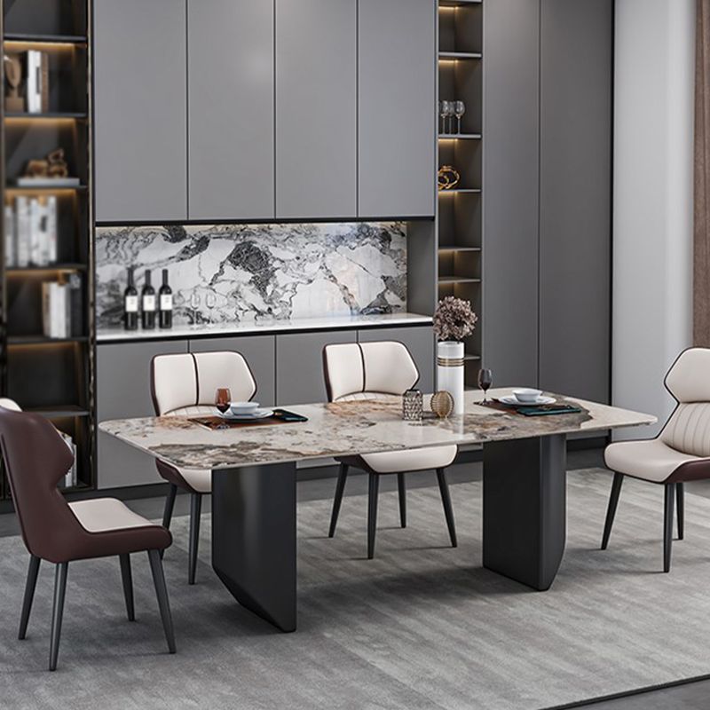 Rectangle Black Base Dining Site Table Modern Stone Double Pedestal Table