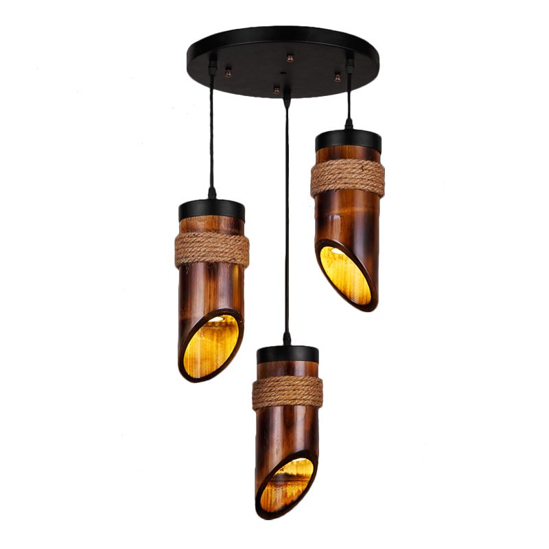 Tube Bamboo Hanging Lamp Three-light Retro Suspension Light in Brown for Dining Room