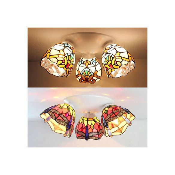 3 Heads Dome Flush Mount Ceiling Light Tiffany Stained Glass Flushmount Light in Beige/Orange for Bedroom